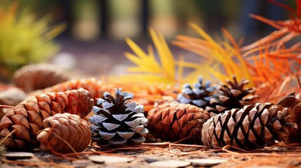 Close-up of a colorful variety of spruce, Pine, Cedar Cones on the Ground. Autumn Background with copy space.