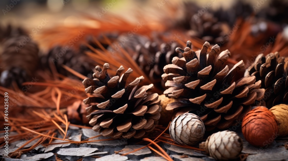 Poster close-up of a variety of large and small pine cones and fallen needles on the ground. autumn backgro