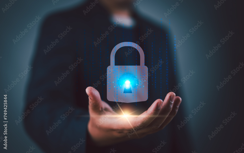 Aufkleber Businessman giving virtual master key with binary number code for identity and access password, technology security system and prevent hacker concept..