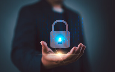Businessman giving virtual master key with binary number code for identity and access password,...