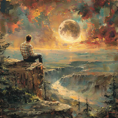 A painting of a young man sitting on a cliff looking at the moon. ai generated.