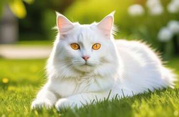 In the background of a sunny summer day, amidst the vibrant nature of spring, a cat with white fur gracefully rests on the green grass of the garden, its orange eyes matching the color of the blooming