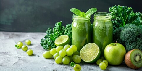 Glass jar green health smoothie, kale leaves, lime, apple, kiwi, grapes, banana, avocado, and lettuce. Copy space. Raw, vegan, vegetarian, and alkaline food concepts. Banner, On the white marble table