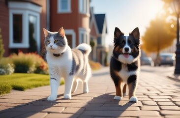 Furry friends cat and dog walking
