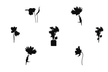 Vector illustration of flower silhouettes. Cute doodle floral decoration frame set. Vector art, Icons, black color isolated on white background. Logo, wallpaper.