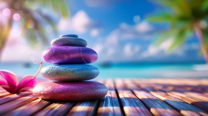 Poster Im Rahmen Tranquil Beach Balance: Nature Stack by the Sea, Meditation Spa with Rocks and Blue Sky © NURA ALAM