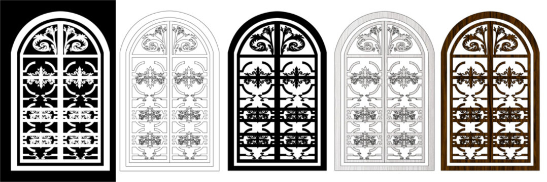 Design doors or windows with floral motifs (carvings) in black and white, wood (classic) in editable vector files for decorative elements of home, interior and exterior design.