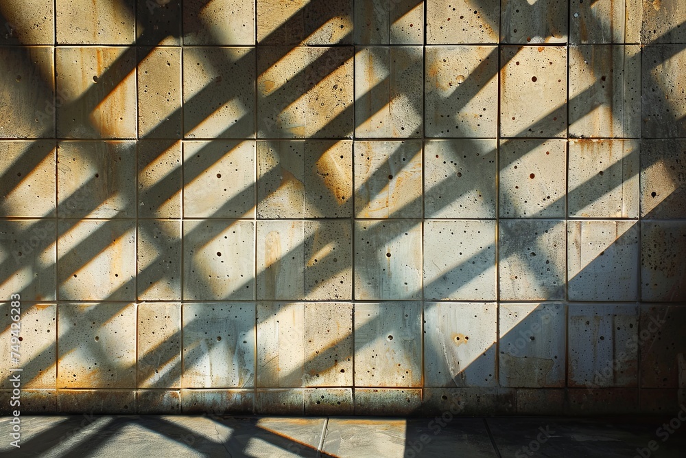 Poster the shadow of a metal railing is cast starkly against a concrete wall. the lines and curves of the r