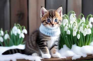 Spring card poster for calendar with cute miniature tabby kitten, in knitted jumper, with snowdrops in the background. Lovely thoroughbred kitty on a snow-covered wooden. Spring banner wallpaper