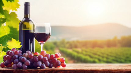 Wine bottle, on wooden base, background of grapevines
