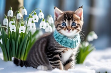 Spring card poster for calendar with cute miniature tabby kitten, in knitted jumper, with snowdrops in the background. Lovely thoroughbred kitty on a snow-covered wooden. Spring banner wallpaper