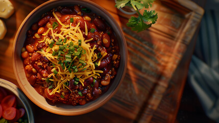 Overhead view of chili bowl with toppings - obrazy, fototapety, plakaty
