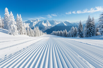 Skiing in beautiful sunny Austrian mountains on an empty ski slope