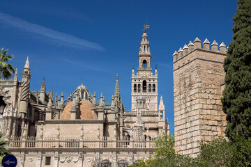 exterior architecture of Cathedral church in Seville, Spain - 749427208