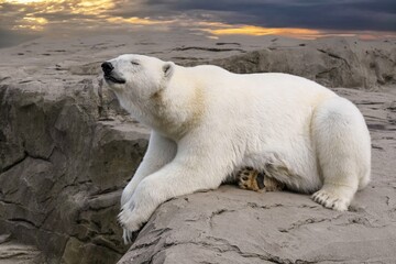 A white bear rests regally on a sunlit rock, its form a picture of tranquility amidst the natural...