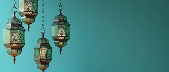 Fototapeta na wymiar Arabic lantern for Ramadan on left side, isolated on turquoise background. illuminate, copy space concept, mockup.