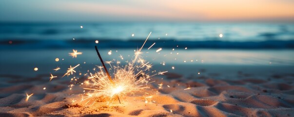 Sparkling New Year's Celebration on the Beach. Concept New Year's Eve, Beach Celebration, Fireworks Display, Sparkling Decorations, Festive Attire - obrazy, fototapety, plakaty