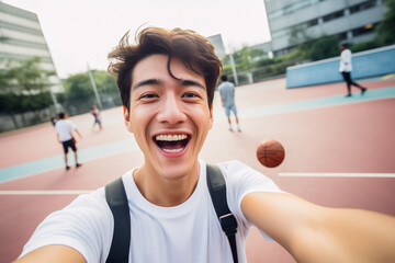 Happy young asian man taking a selfie on a basketball court on the street - obrazy, fototapety, plakaty