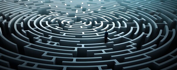 Lost man in zigzag maze Young male trapped in circular labyrinth. Concept Labyrinth Escape, Maze Challenge, Lost Man Adventure, Confusing Pathways, Trapped in Maze