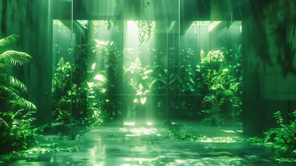 Underwater Fantasy Hall with Neon Rays, Futuristic Interior Design in a Beautiful Oceanic Setting