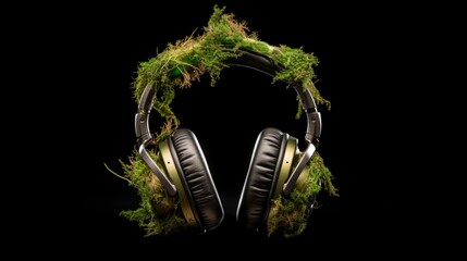 Headphones covered with green moss and grass. Nature wins. Ecology