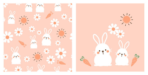 Seamless pattern with bunny cartoons, sun, carrot and daisy flower on pink background. Rabbit cartoons, carrot, daisy and sun icon set vector.
