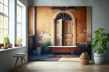 Rustic Bathroom Interior with Vintage Bathtub