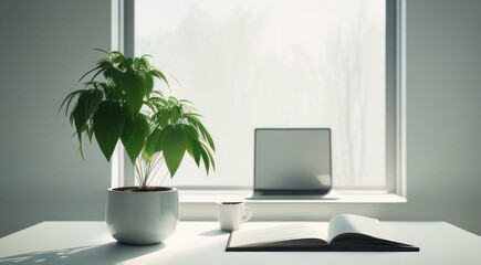 Fototapeta premium Modern Workspace with Greenery and Computer Setup