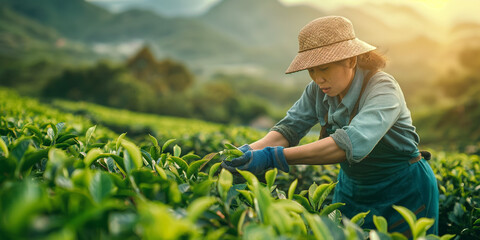 The farmer  form Asian country working and picking tea leaf in farm tea plantation agriculture. fresh nature background generative ai
