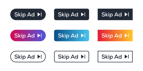 Skip ads button icon. Stop video ad logo symbol. Online ad marketing stop sign