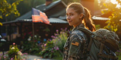 happy soldier returning home with america flag and home in background  - obrazy, fototapety, plakaty