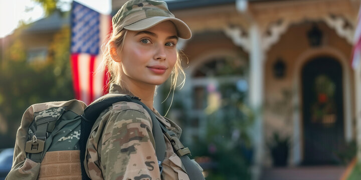 happy soldier returning home with america flag and home in background 