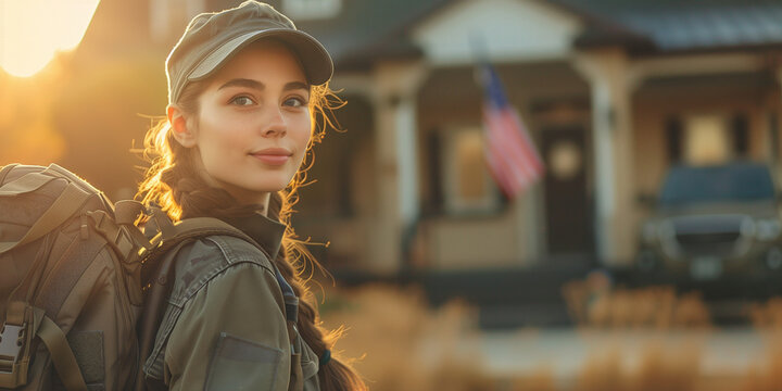 happy soldier returning home with america flag and home in background 