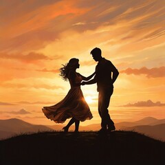 "A silhouette against a vibrant sunset captures a couple dancing on a hill, their love illuminated by the golden hues of the evening sky."