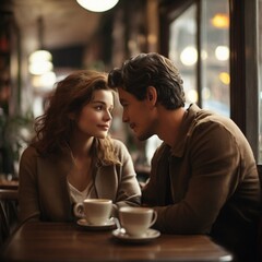 "In a cozy cafe, a close-up shot encapsulates the tender moment of a couple sharing a quiet conversation over cups of coffee, lost in the intimacy of their own world."
