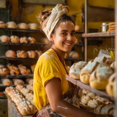 A baker in a bakery, she is baking bread with a smile