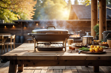 A large pan sits on a wooden table with a variety of food and drinks - obrazy, fototapety, plakaty