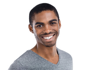 Portrait, smile and satisfied with young black man in studio isolated on white background for optimism. Face, happy and excited with confident person in casual tshirt feeling carefree or cheerful