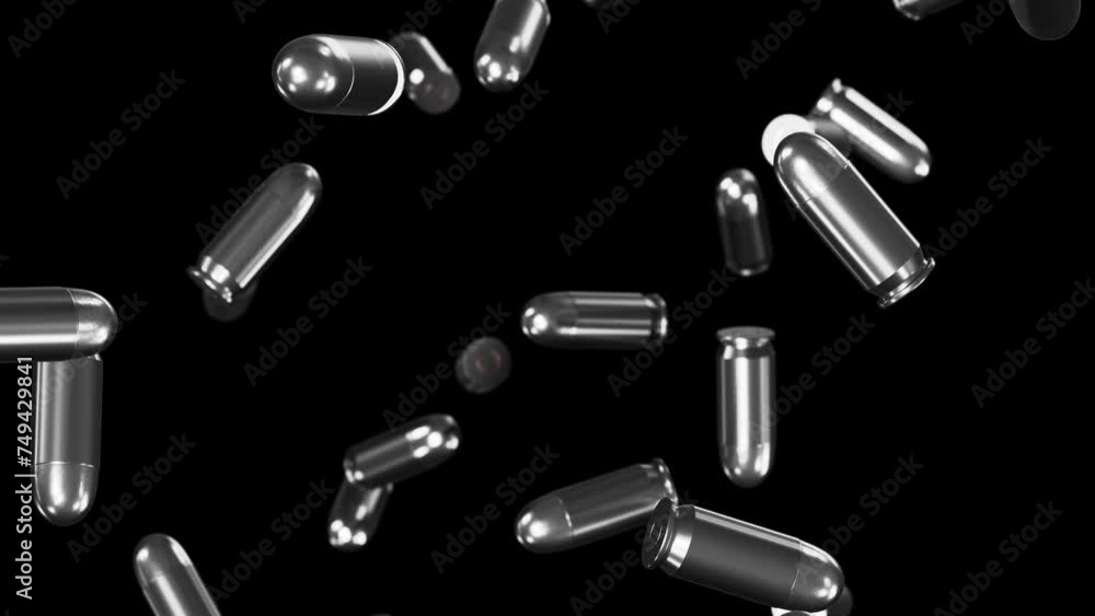 Poster realistic dof camera looping 3d animation of the silver 9 mm bullets ammo falling from the top rende