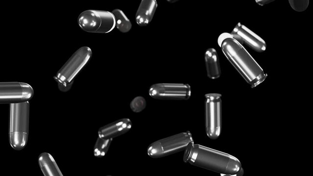 Realistic DOF camera looping 3D animation of the silver 9 mm bullets ammo falling from the top rendered in UHD with alpha matte