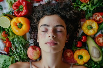 Fototapeta na wymiar A woman gracefully reclines among an assortment of fresh fruits and vegetables, immersed in a moment of mindful connection with natures bounty