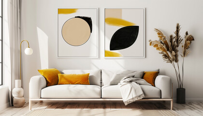 Living room, yellow, family, architecture, minimalist, generative AI, Arte com IA