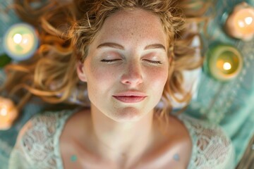 A serene woman lays with her eyes peacefully closed, embracing a moment of deep relaxation and mindfulness