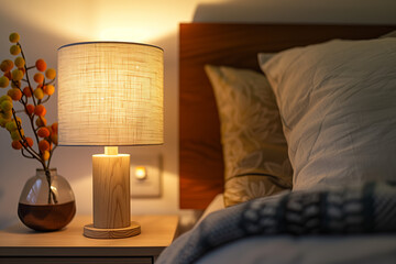 Handcrafted Bedside Lamp and Warm Decor. A detailed image showcasing a wooden lamp and vibrant foliage in a cozy bedroom setting.