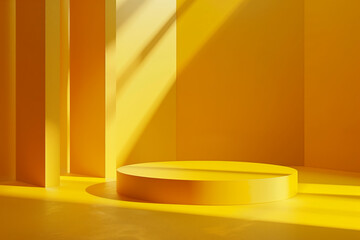Vibrant Yellow Display Podium. Minimalist 3D render of an empty yellow podium with dynamic shadows in a monochromatic setting.