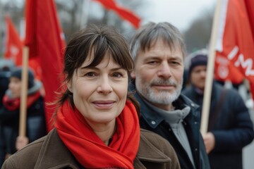 A man and woman in unity, holding vibrant red flags up high in a demonstration of passion and protest