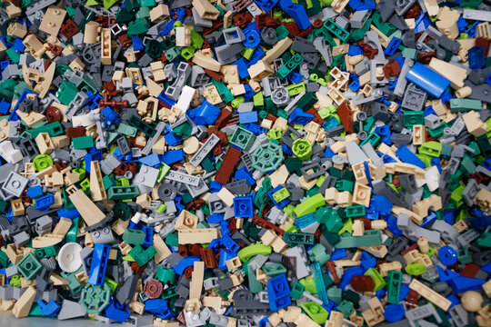 Billund, Denmark - 17 June 2023: Multi-colored plastic Lego brick background
