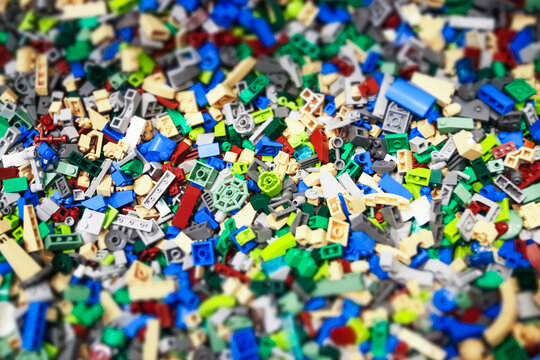 Billund, Denmark - 17 June 2023: Multi-colored plastic Lego brick background