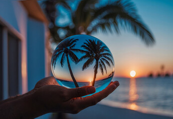 A hand holding a glass sphere with a palm tree reflected in it as an earth conservation concept - Powered by Adobe