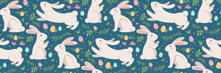 Easter rabbit blue seamless pattern. Colorful Easter eggs. Color eggs with bunnies, vegetation.